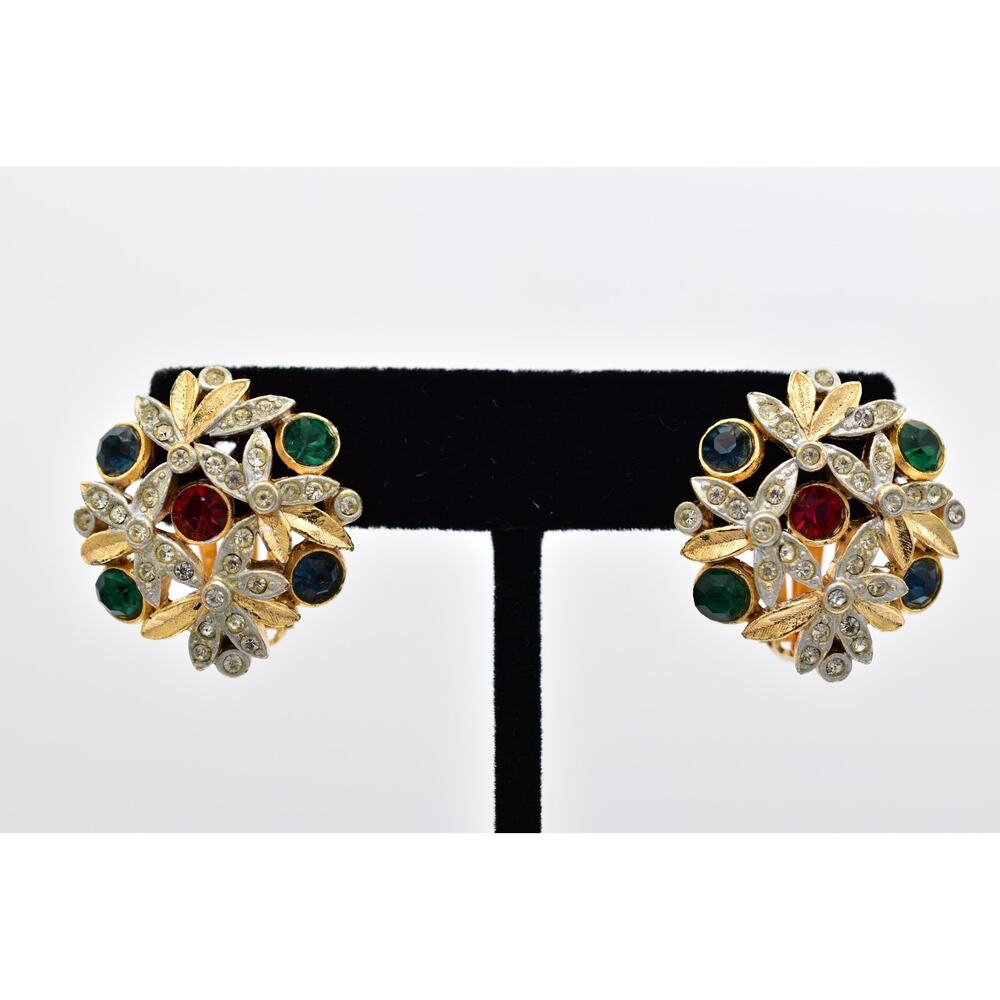 Vintage Multicolor Rhinestone Crystal Floral Clip On Earrings Gold Signed BinAF